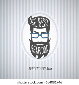 Happy Fathers Day greeting card design for hipster male event, banner, poster. Striped background with men's face with beard, mustache, hair forelock, glasses. Congratulation text. Vector illustration