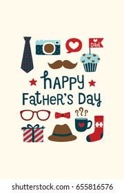 Happy father's day greeting card or postcard with cute icons and design elements collection, mustache, bow, tie, glasses, hat, camera, gift box and sock. Flat design. Vector illustration. 