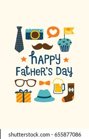 Happy father's day greeting card or postcard with cute icons and design elements collection, mustache, bow, tie, glasses, hat, camera, gift box and sock. Flat design. Vector illustration. 