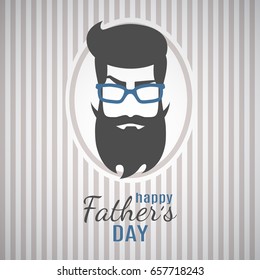 Happy Fathers Day greeting card vintage design for hipster male event, banner, poster. Striped background with men's face with beard, mustache, glasses. Congratulation text. Vector illustration