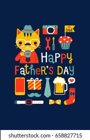 Happy father's day greeting card, postcard, poster, party invitation with cute mustache cat wearing glasses, drinking coffee and cute icons set. Flat design. Vector illustration.