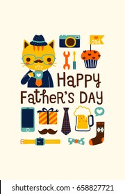 Happy father's day greeting card, postcard, poster, party invitation with cute mustache cat wearing glasses, drinking coffee and cute icons set. Flat design. Vector illustration.