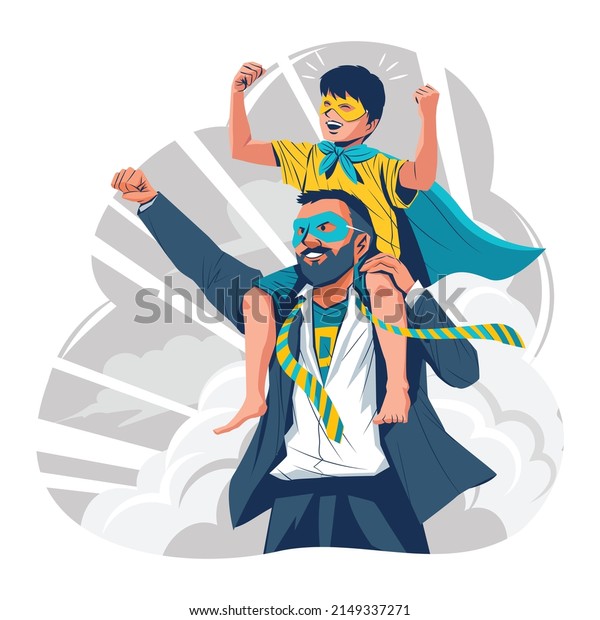 Happy Father\'s day greeting card. Dad in\
superhero costume holds son on his shoulders. Cheerful cartoon\
characters. Vector\
illustration