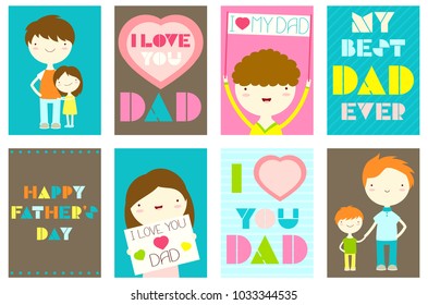 Happy Father's day greeting cards set. Collection of banner, background, flyer, placard with cute dad, girl and boy. Vector template sticker for Father's day greeting, decoration, congratulation. EPS