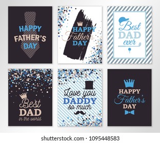 Happy Fathers day greeting cards set of six. Vector banners. All isolated and layered
