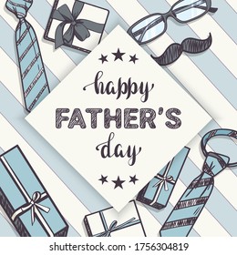 Happy Father's Day. Greeting cards / backgrounds with gifts, neckties, glasses and a fashionable mustache