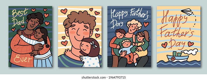 Happy Father's Day greeting cards set. Cute vector hand drawn illustration in cartoon style. Multinational characters.