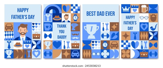 Happy Father's Day greeting cards with geometric pattern. Bauhaus style