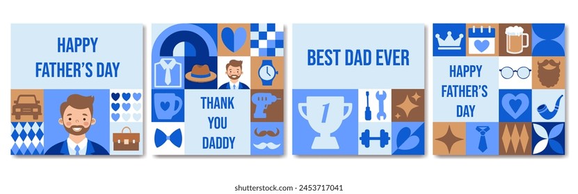 Happy Father's Day greeting cards with geometric pattern. Bauhaus style