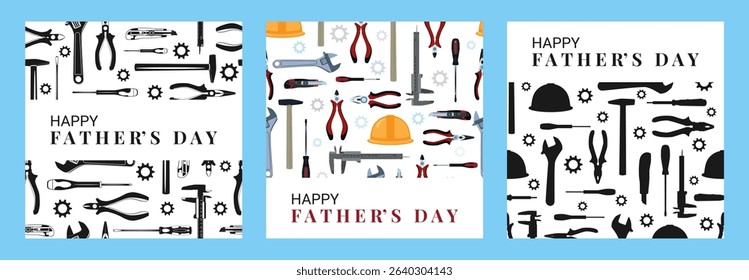 Happy Fathers Day greeting cards, posters with work tools, vector illustration. Fathers Day sale, Labor Day design element.