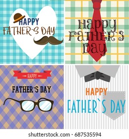 Happy Fathers Day greeting cards or postcards design templates set of gentleman hat, mustaches and dad glasses and bow tie in heart on festive stripe and square pattern background. Vector illustration