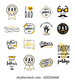 Feliz día del padre saludo de colores sobre fondo blanco. Papel de felicitación de papá, etiqueta, insignia, conjunto de logotipos. Bow, bigote, gafas, elementos de mano para tu diseño. De su hijo, hija