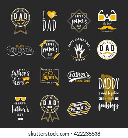 Happy fathers day greeting color overlays on black background. Dad felicitation patch, label, badge, insignia, logo set. Bow, mustache, glasses, hand elements for your design. From son, daughter