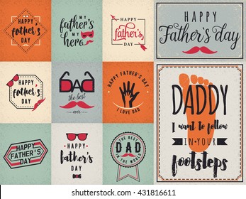 Happy fathers day greeting color backgrounds. Dad felicitation vintage retro card set. Mustache, spectacles, lettering, hands, ribbons elements for your design. Congratulation Man concept.