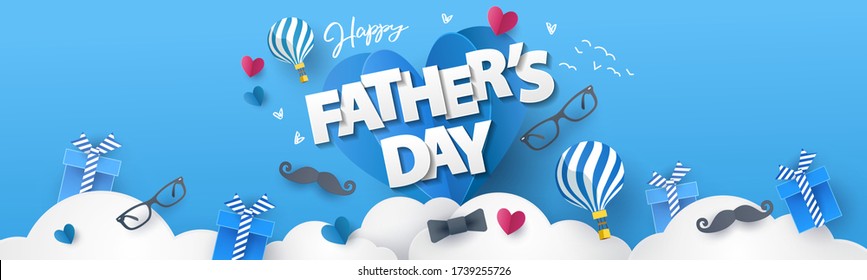 Happy Fathers Day greeting design with origami hearts over clouds, air balloons, gifts, mustache, glasses, bow tie. Holiday illustration for greeting card, banner, social media, promotion and sale