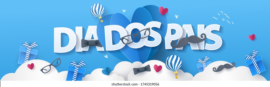 Happy Father's Day greeting design  in portuguese with origami hearts, air balloons, gifts, mustache, glasses, bow tie. Holiday illustration for greeting card, banner, social media, sale, advertising