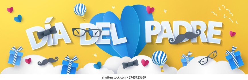 Glücklicher Vater's Day Gruß Design auf Spanisch mit Origami Herzen, Luftballons, Geschenke, Schnurrbart, Brille, Bugtie. Urlaubsanleitung für Grußkarten, Banner, soziale Medien, Verkauf, Werbung, Web