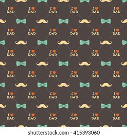 happy father's day greeting design, bow, mustache and i love dad text pattern background vector