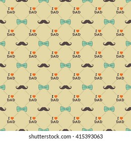 Happy Father's Day Greeting Design, Bow, Mustache And I Love Dad Text Pattern Background Vector