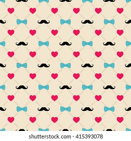 happy father's day greeting design, bow, mustache and heart shape pattern background vector