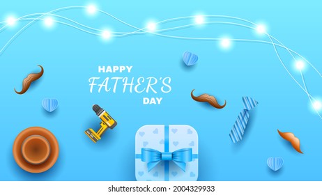 Happy Father's Day Greeting Garland Gift Tie Hat Mustache Screwdriver Background. Vector Design Banner Party Invitation Web Poster Flyer Stylish Brochure, Greeting Card Template