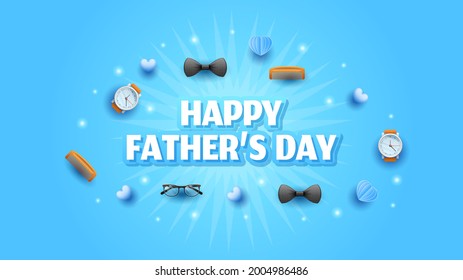 Happy Father's Day Greeting Glasses Hairbrush Heart Clock Background. Vector Design Banner Party Invitation Web Poster Flyer Stylish Brochure, Greeting Card Template
