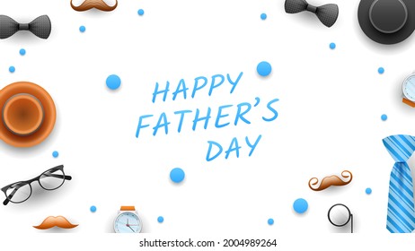 Happy Father's Day Greeting Glasses Heart Tie Monocle Mustache Background. Vector Design Banner Party Invitation Web Poster Flyer Stylish Brochure, Greeting Card Template