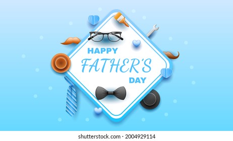 Happy Father's Day Greeting Hat Mustache Hearts Background. Vector Design Banner Party Invitation Web Poster Flyer Stylish Brochure, Greeting Card Template