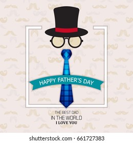 Happy Fathers Day greeting with hat, glasses and tie design.