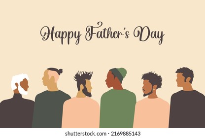 Happy Father's Day. Greeting modern postcard with men of different nationalities and religions who have children. Vector.