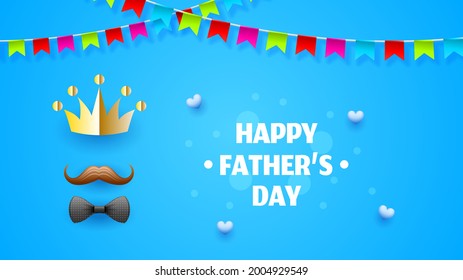 Happy Father's Day Greeting Mustache Bow Tie Crown Ribbons Background. Vector Design Banner Party Invitation Web Poster Flyer Stylish Brochure, Greeting Card Template