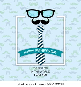 Happy Fathers Day greeting with mustache, glasses and bow tie design.
