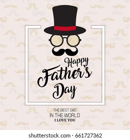 Happy Fathers Day greeting with mustache, glasses and hat design.