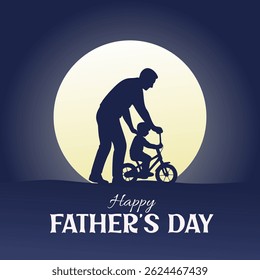 Happy Fathers Day greeting with night background. Silhouette of father teaching child to ride a bicycle under full moon. Parenting, support, love, and fatherhood concept illustration.