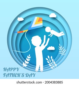 Happy Father's Day Greeting Paper Cut Man With Child And Kite Background. Vector Design Banner Party Invitation Web Poster Flyer Stylish Brochure, Greeting Card Template