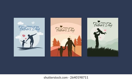 Happy Fathers Day greeting set with father and son silhouette, with beautiful lettering. It's great for greeting cards, social media posts, flyers, etc.