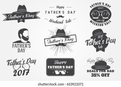 Happy Father's Day greeting. A set of Nine Black Colored Vintage Style Father's Day Designs on White background. Typographic labels, stickers, logos and badges.