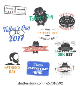 Happy Father's Day greeting. A set of Nine Black Colored Vintage Style Father s Day Designs on White background. Typographic labels, stickers, logos and badges.