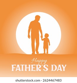Happy Fathers Day greeting with silhouette of father and child holding hands during sunset.  Parenting, love, support, and fatherhood celebration concept illustration.