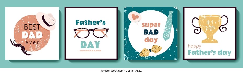 Happy Father's Day greeting square card set. Cute backgrounds with mustache, glasses, necktie, bow, champion cup. Modern vector illustrations for social media post, promotion, ads, postcard design