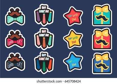Happy Fathers Day Greeting Stickers. Smile with happy mustache and butterfly, cheerful fun ties, cool gift with bright bow and mustache and star with the text The Best Dad. Vector