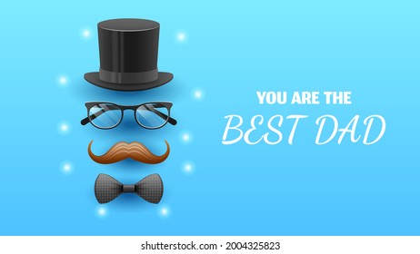 Happy Father's Day Greeting Top Hat Mustache Background. Vector Design Banner Party Invitation Web Poster Flyer Stylish Brochure, Greeting Card Template