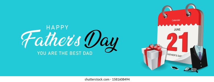 Happy father's day greetings card with calendar. June 21th date, gift box, eye glass, mustache and office suit. vector image
