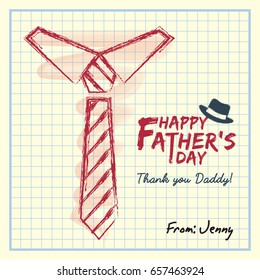 Happy Father's Day. Hand drawing necktie and text writing on square notebook paper. Vector illustration. 