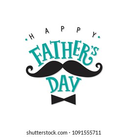 Happy fathers day hand drawn lettering emblem. Happy father's day text design. Lettering composition with father's Day text, mustache and bow tie. Template design for festive card