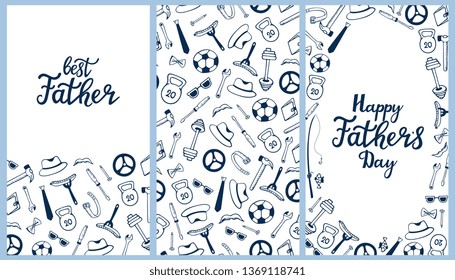 Happy Father`s day hand drawn lettering. Men`s Accessories. Instruments. Sports equipment seamless pattern and greeting cards