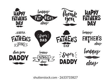 Happy Father's Day hand drawn quotes. Holiday saying for gift card with mustache. Celebration art drawing. Retro vector typography illustration on white background.