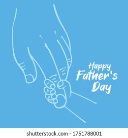 Happy Father's day. Father's hand holding newborn baby fingers in line art style. Close-up little child's hand holding daddy's fingers.