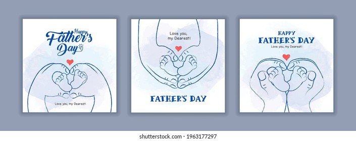 Happy Father's day. Father's hand holding newborn baby feet in line art style on blue watercolor background. Cartoon heart shaped adult hands with little child's foot. Fatherhood childbirth concept.