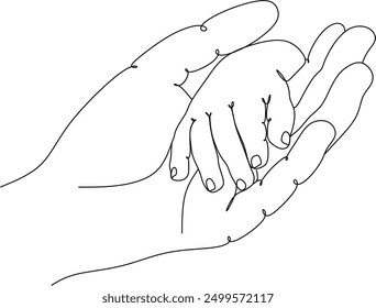 Happy Father's Day. Father's hand holding newborn baby fingers in line art style. Close up. Hand drawn without artificial intelligence